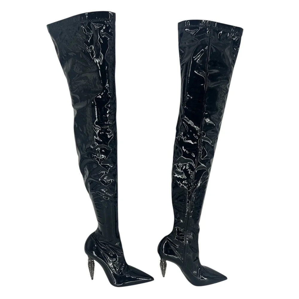 Christian Louboutin Limited Edition Black Lipstrass Patent Thigh Boots Size 37.5